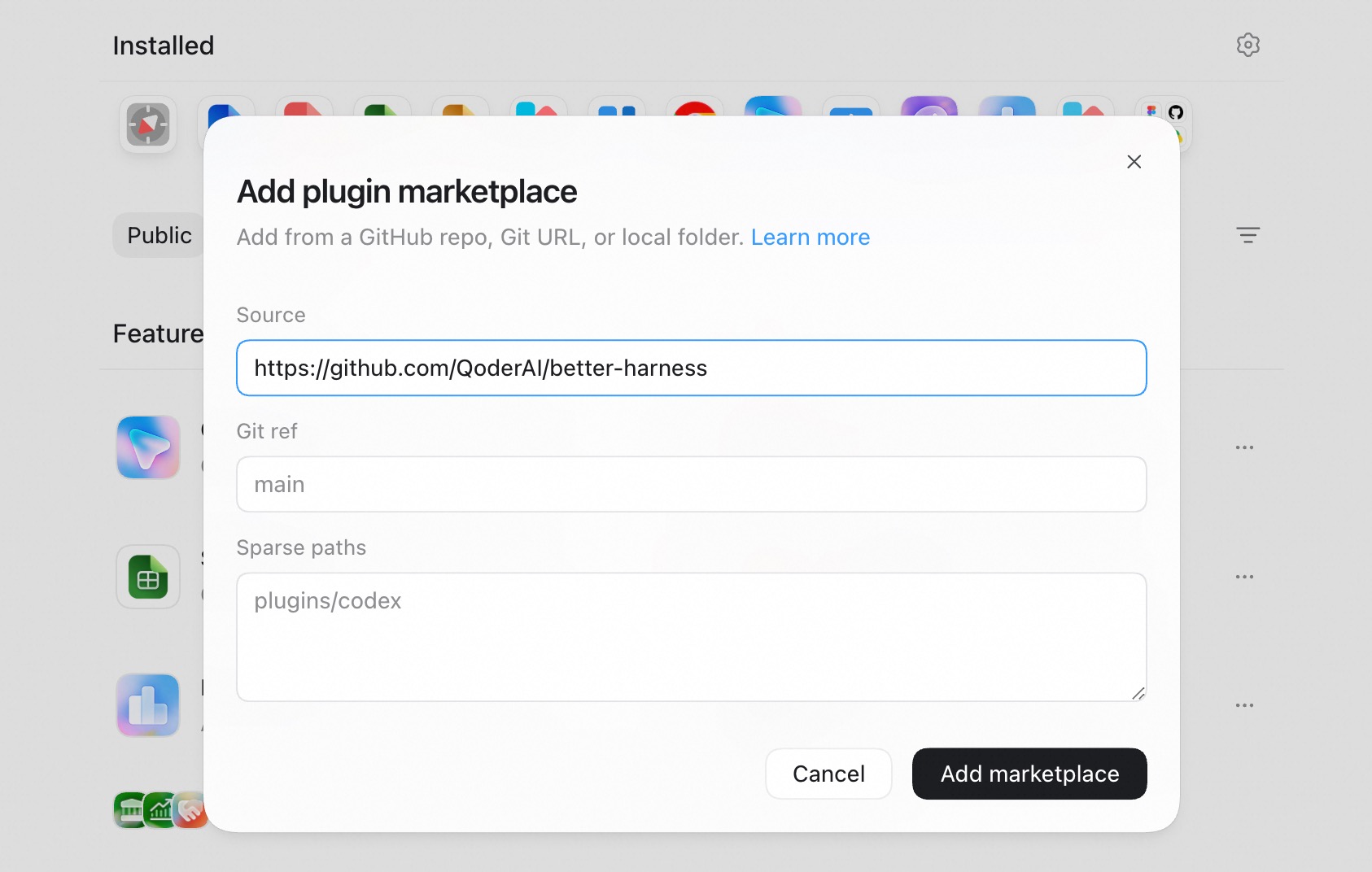 Codex 添加插件 marketplace 对话框，包含仓库、Git ref 和可选的 sparse paths